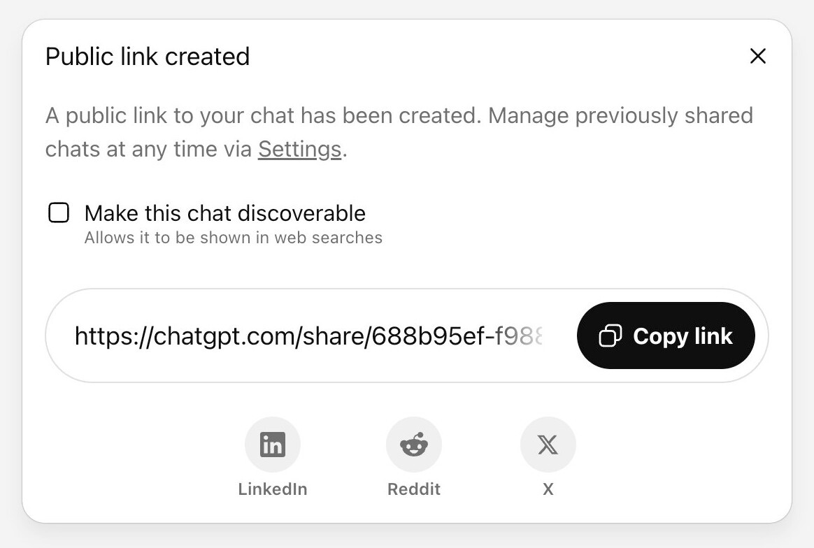 The ChatGPT sharing dialog demonstrates how difficult it is to design privacy preferences